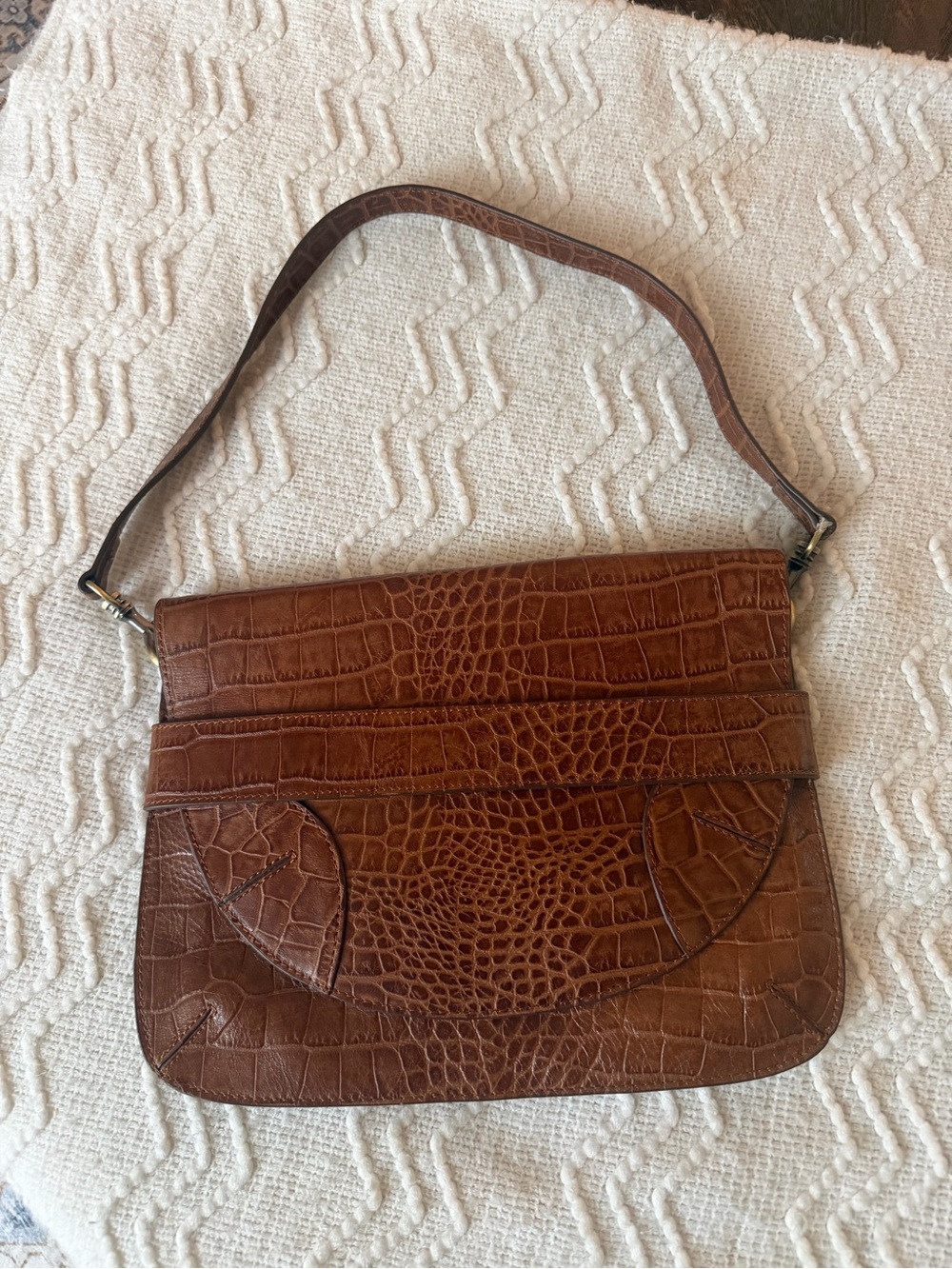 Massimo Dutti Brown Croc-Embossed Shoulder Bag